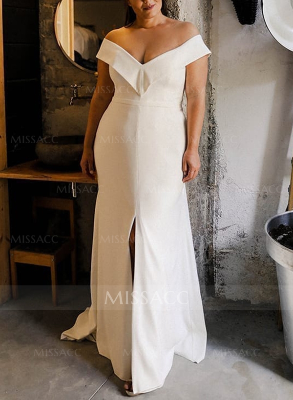 Sheath/Column Off-The-Shoulder Sleeveless Sweep Train Satin Chiffon Wedding Dress