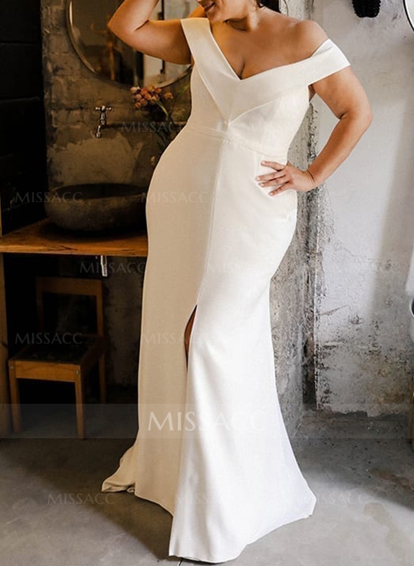 Sheath/Column Off-The-Shoulder Sleeveless Sweep Train Satin Chiffon Wedding Dress