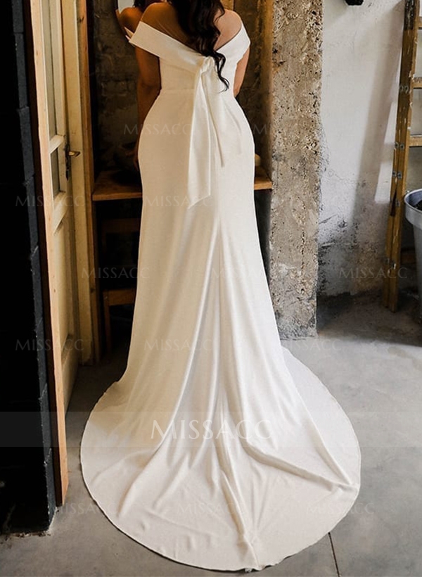 Sheath/Column Off-The-Shoulder Sleeveless Sweep Train Satin Chiffon Wedding Dress