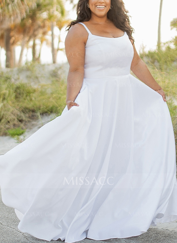 A-Line Scoop Neck Sleeveless Sweep Train Chiffon Plus Size Wedding Dress