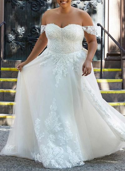 Plus Size A-Line Off-The-Shoulder Court Train Tulle Wedding Dresses With Lace