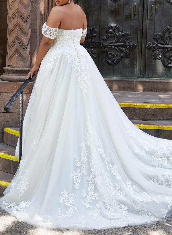 Plus Size A-Line Off-The-Shoulder Court Train Tulle Wedding Dresses With Lace