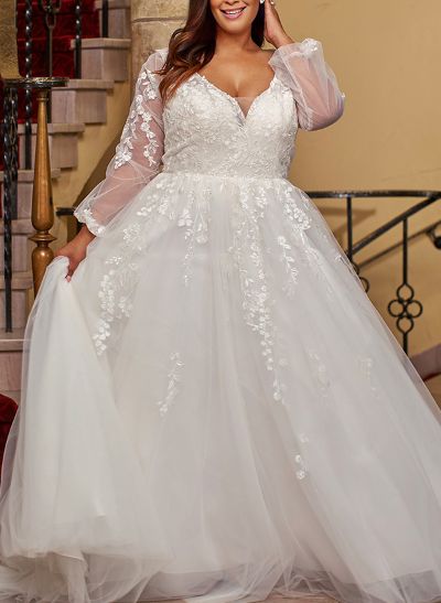 Ball-Gown V-Neck Sleeveless Tulle Plus Size Wedding Dress With Appliques Lace