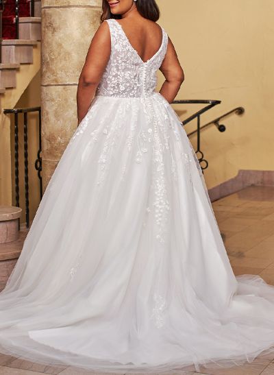 Ball-Gown V-Neck Sleeveless Tulle Plus Size Wedding Dress With Appliques Lace
