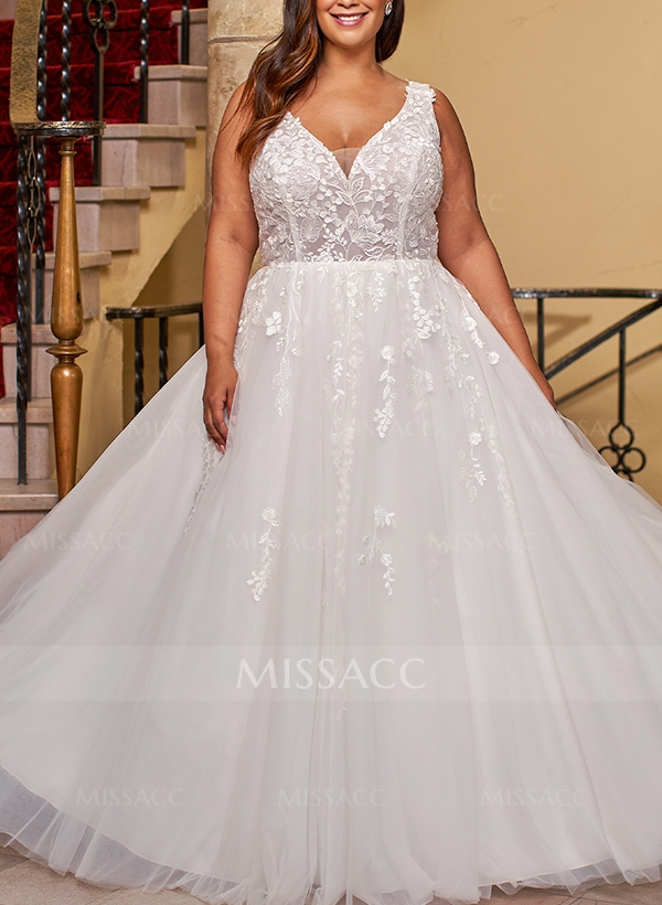 Ball-Gown V-Neck Sleeveless Tulle Plus Size Wedding Dress With Appliques Lace