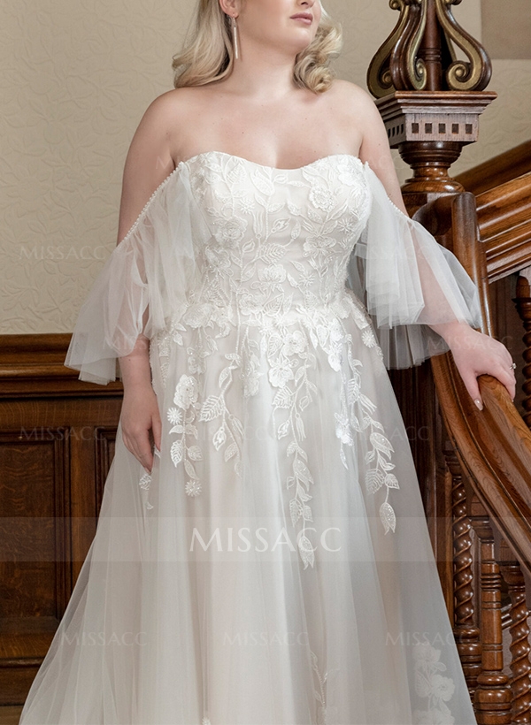 A-Line Tulle Plus Size Wedding Dress With Appliques Lace