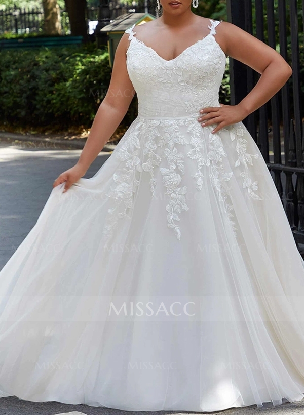 Plus Size A-Line V-Neck Sleeveless Sweep Train Tulle Wedding Dresses With Lace