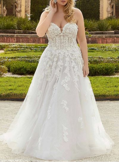 Plus Size A-Line Sweetheart Sleeveless Sweep Train Tulle Wedding Dresses With Lace