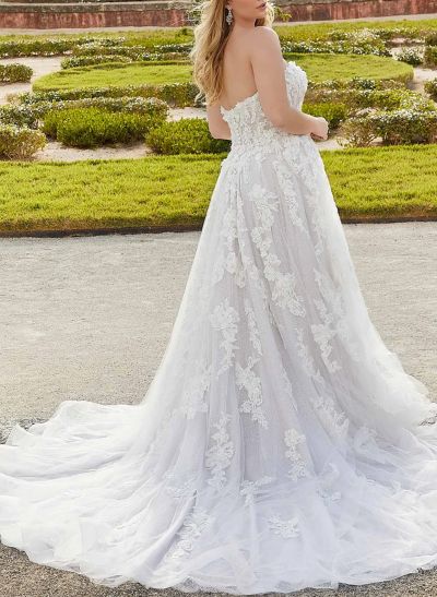 Plus Size A-Line Sweetheart Sleeveless Sweep Train Tulle Wedding Dresses With Lace