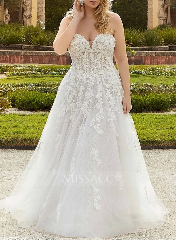 Plus Size A-Line Sweetheart Sleeveless Sweep Train Tulle Wedding Dresses With Lace