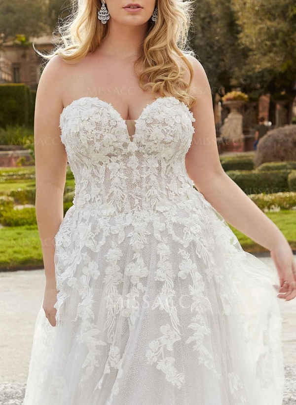 Plus Size A-Line Sweetheart Sleeveless Sweep Train Tulle Wedding Dresses With Lace