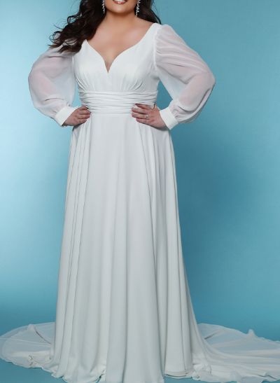 Sheath/Column V-Neck Long Sleeves Chiffon Plus Size Wedding Dress