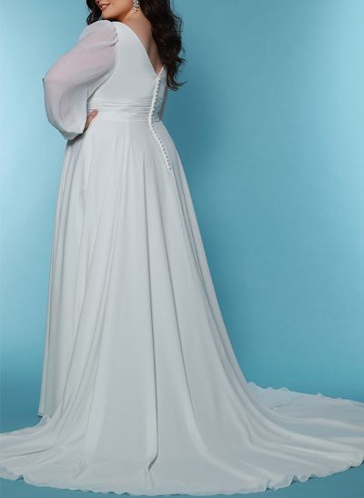 Sheath/Column V-Neck Long Sleeves Chiffon Plus Size Wedding Dress