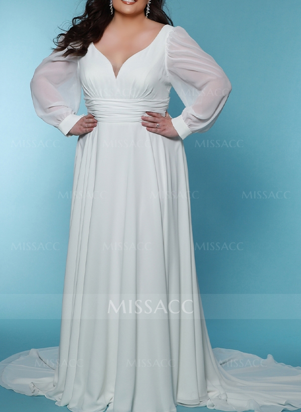 Sheath/Column V-Neck Long Sleeves Chiffon Plus Size Wedding Dress