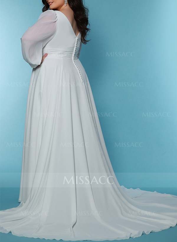 Sheath/Column V-Neck Long Sleeves Chiffon Plus Size Wedding Dress