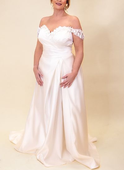 Sheath/Column Off-The-Shoulder Sleeveless Satin Plus Size Wedding Dress With Lace