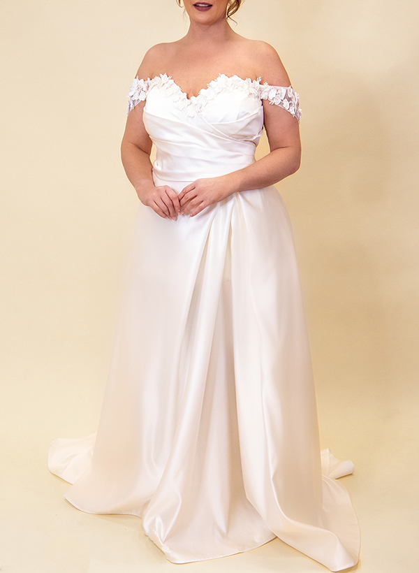 Sheath/Column Off-The-Shoulder Sleeveless Satin Plus Size Wedding Dress With Lace