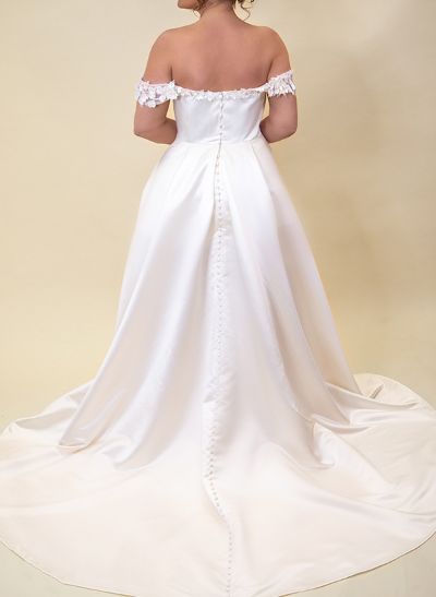 Sheath/Column Off-The-Shoulder Sleeveless Satin Plus Size Wedding Dress With Lace