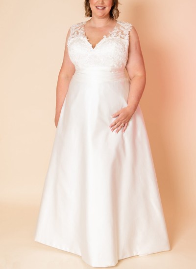 A-Line Illusion Neck Sleeveless Satin/Lace Plus Size Wedding Dress With Appliques Lace