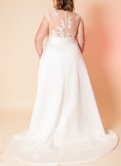 A-Line Illusion Neck Sleeveless Satin/Lace Plus Size Wedding Dress With Appliques Lace