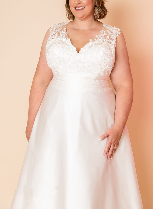 A-Line Illusion Neck Sleeveless Satin/Lace Plus Size Wedding Dress With Appliques Lace