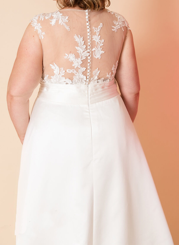 A-Line Illusion Neck Sleeveless Satin/Lace Plus Size Wedding Dress With Appliques Lace