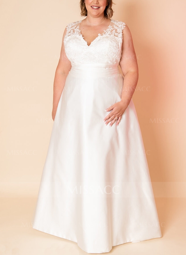 A-Line Illusion Neck Sleeveless Satin/Lace Plus Size Wedding Dress With Appliques Lace