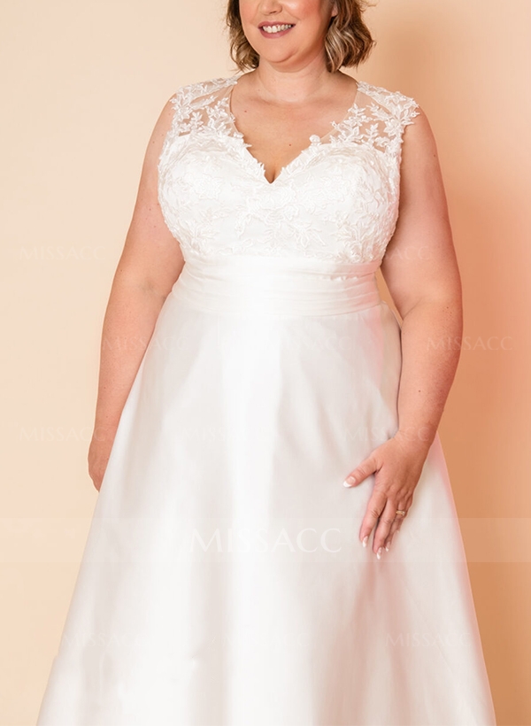 A-Line Illusion Neck Sleeveless Satin/Lace Plus Size Wedding Dress With Appliques Lace