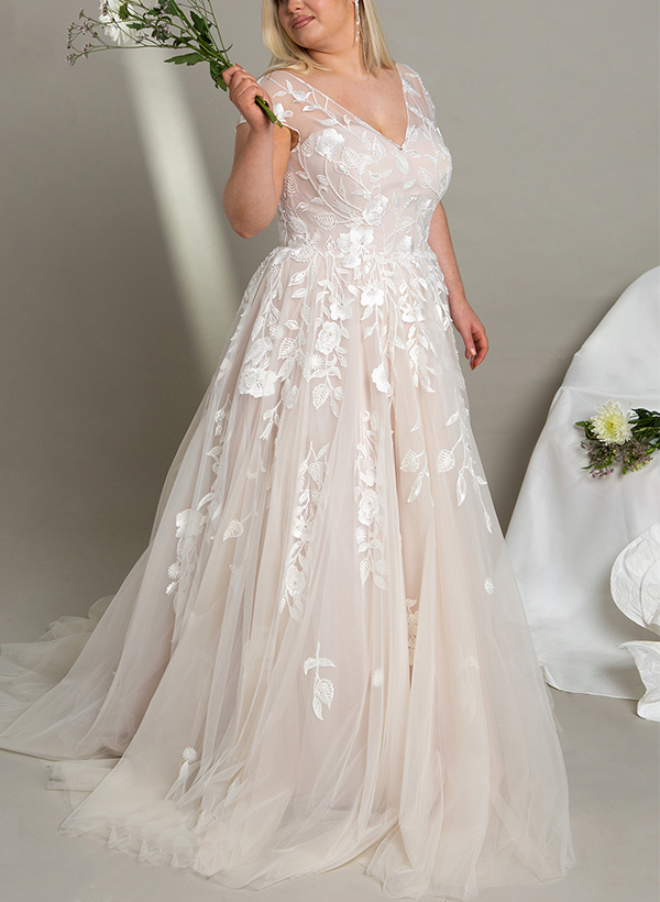 A-Line V-Neck Short Sleeves Tulle Plus Size Wedding Dress With Appliques Lace