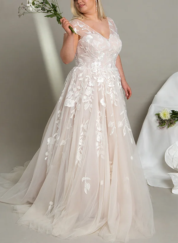 Cheap Lace Tulle Plus Size Wedding Dresses Long Sleeves V Neck Backless main image 1