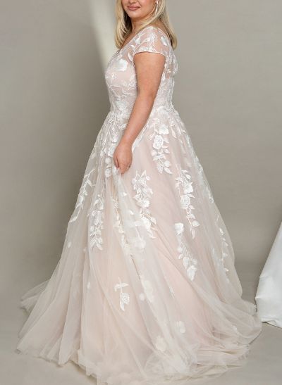 A-Line V-Neck Short Sleeves Tulle Plus Size Wedding Dress With Appliques Lace