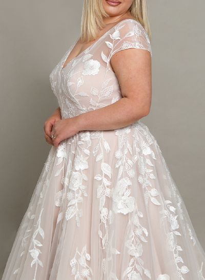 A-Line V-Neck Short Sleeves Tulle Plus Size Wedding Dress With Appliques Lace