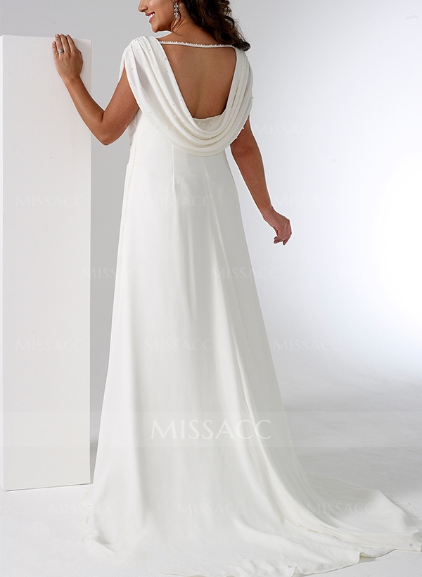 Sheath/Column Cowl Neck Sleeveless Chiffon Plus Size Wedding Dress