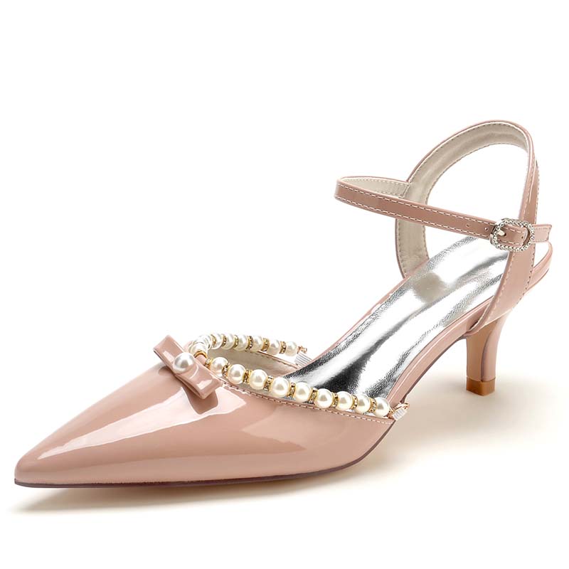 Patent Leather Point Toe Kitten Heel Wedding Shoes With Imitation Pearl