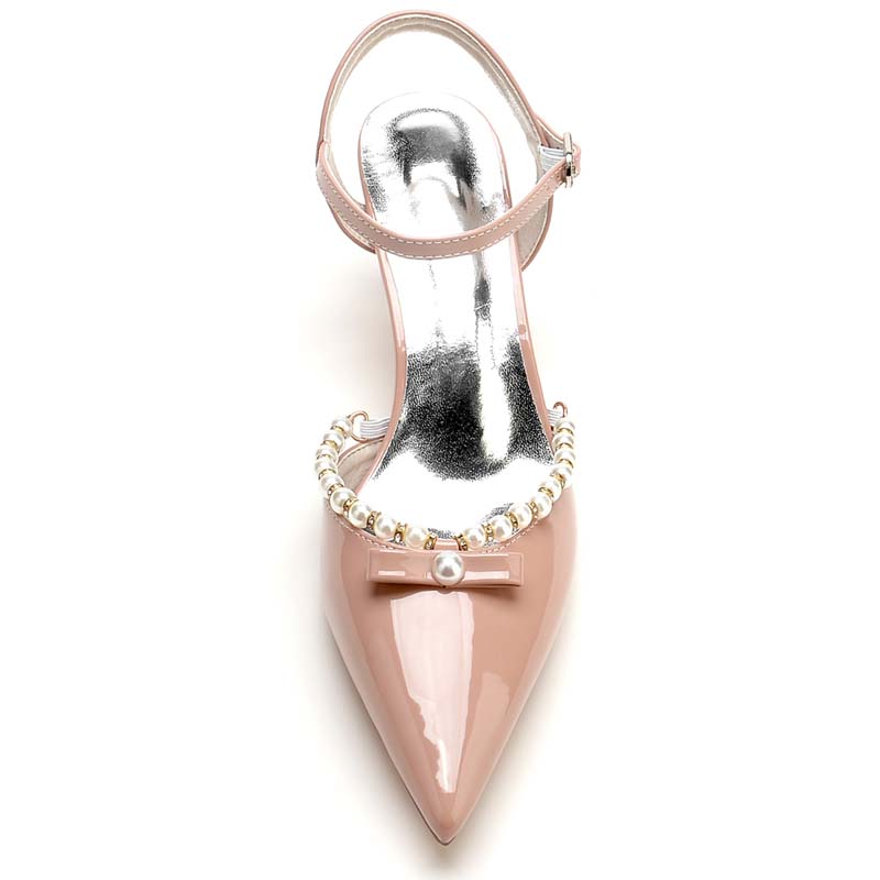 Patent Leather Point Toe Kitten Heel Wedding Shoes With Imitation Pearl