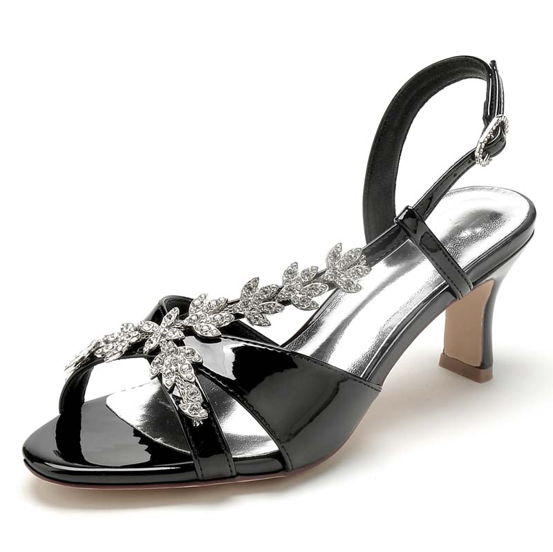 Open Toe Patent Leather T-Strap Heel Wedding Shoes With Rhinestone