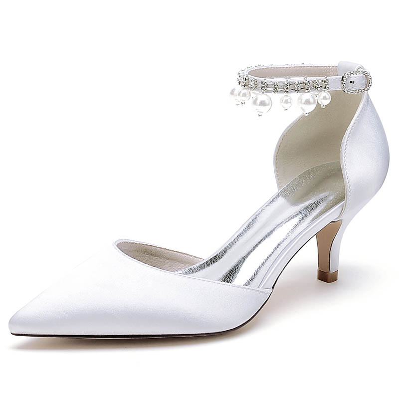 Kitten Heel Silk Like Satin Point Toe Wedding Shoes With Imitation Pearl