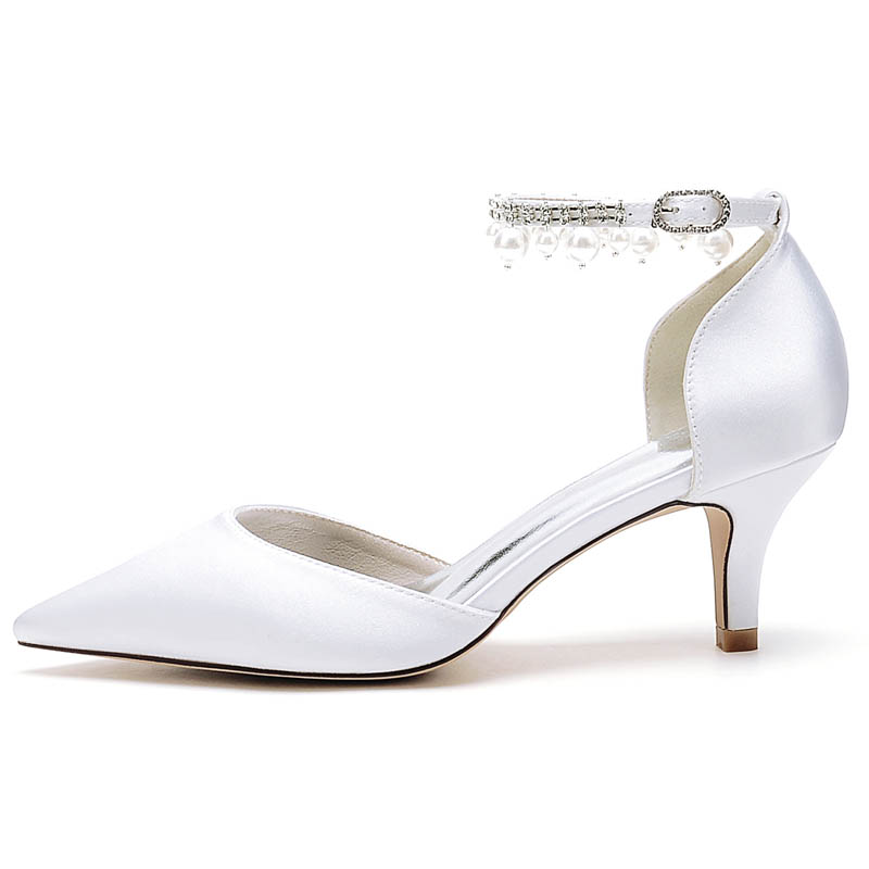 Kitten Heel Silk Like Satin Point Toe Wedding Shoes With Imitation Pearl