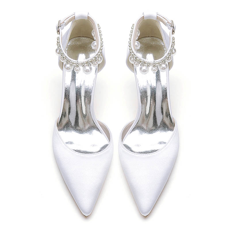 Kitten Heel Silk Like Satin Point Toe Wedding Shoes With Imitation Pearl