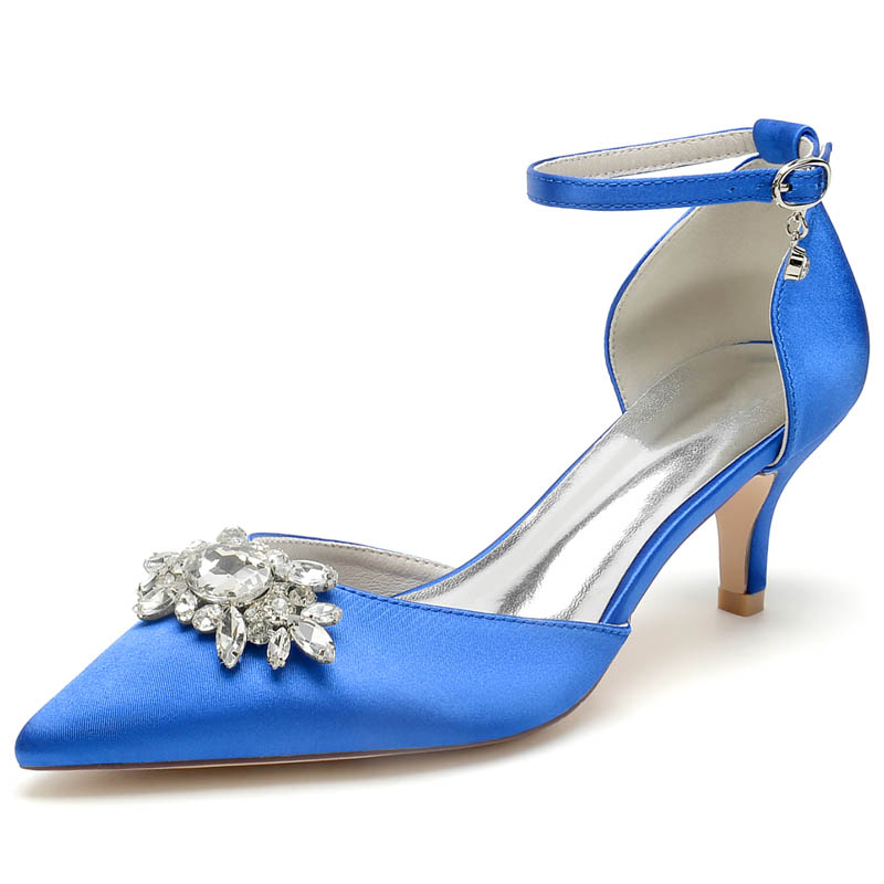 Kitten Heel Silk Like Satin Point Toe Wedding Shoes With Rhinestone