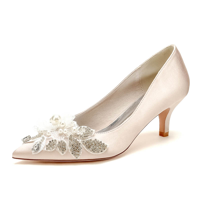 Silk Like Satin Point Toe Kitten Heel Wedding Shoes With Imitation Pearl