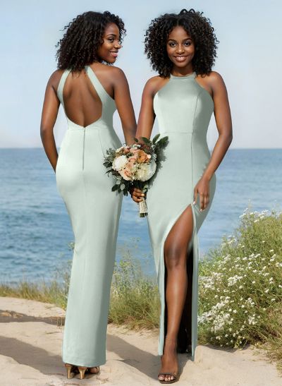 Sheath/Column Halter Sleeveless Silk Like Satin Bridesmaid Dresses With High Split