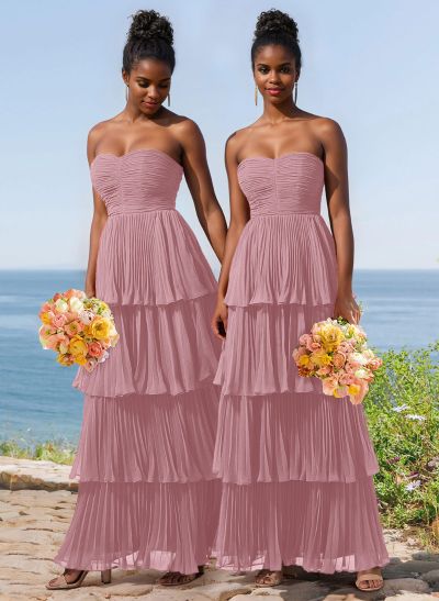 A-Line Strapless Sleeveless Floor-Length Chiffon Bridesmaid Dresses