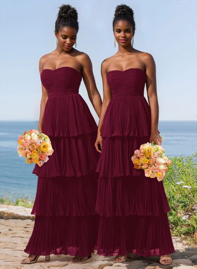 A-Line Strapless Sleeveless Floor-Length Chiffon Bridesmaid Dresses