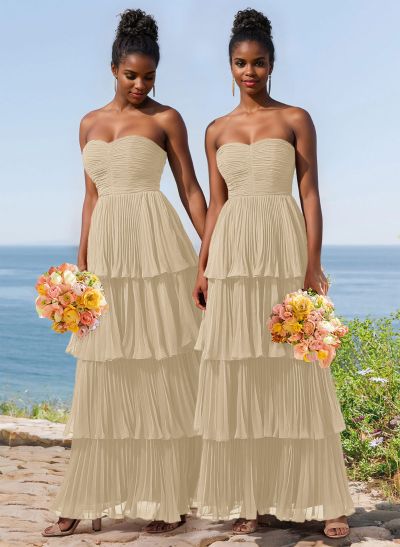 A-Line Strapless Sleeveless Floor-Length Chiffon Bridesmaid Dresses