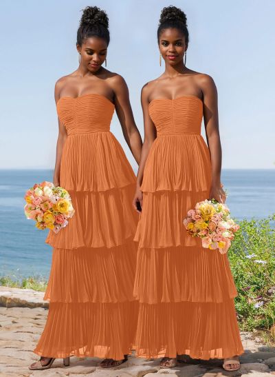 A-Line Strapless Sleeveless Floor-Length Chiffon Bridesmaid Dresses