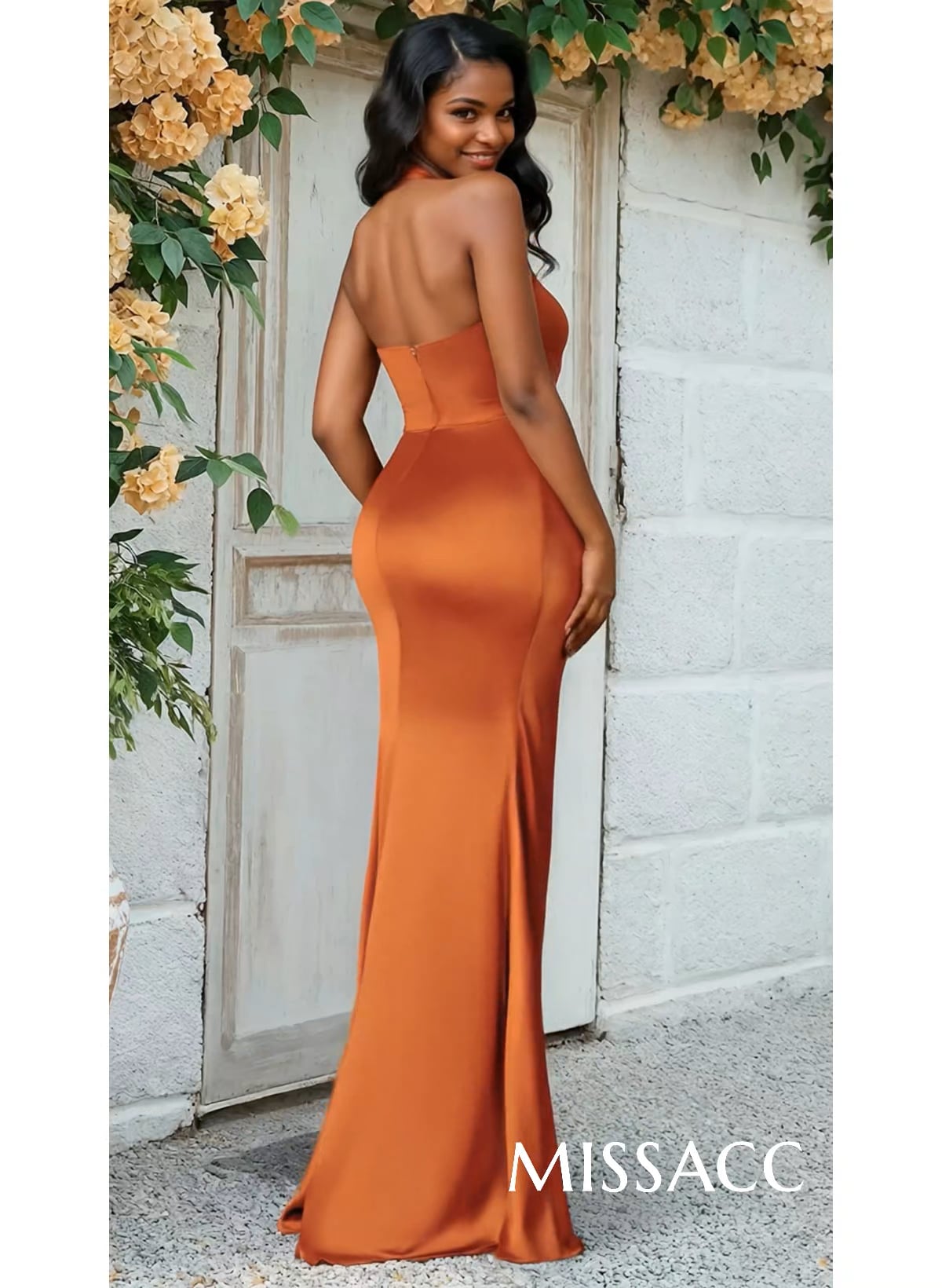 Trumpet/Mermaid Halter Floor-Length Silk Like Satin Bridesmaid Dresses With High Split