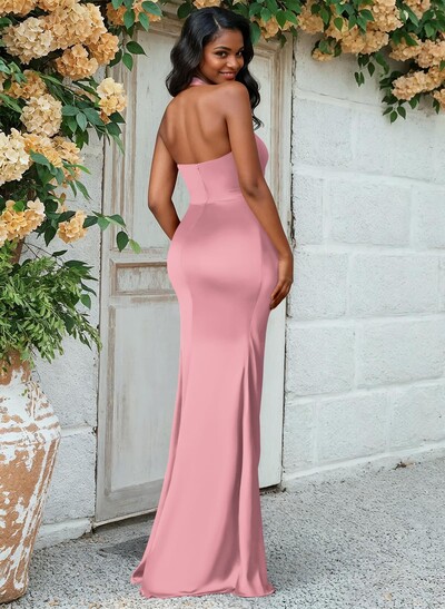 Trumpet/Mermaid Halter Floor-Length Silk Like Satin Bridesmaid Dresses With High Split