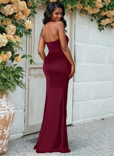 Trumpet/Mermaid Halter Floor-Length Silk Like Satin Bridesmaid Dresses With High Split