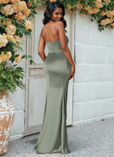 Trumpet/Mermaid Halter Floor-Length Silk Like Satin Bridesmaid Dresses With High Split